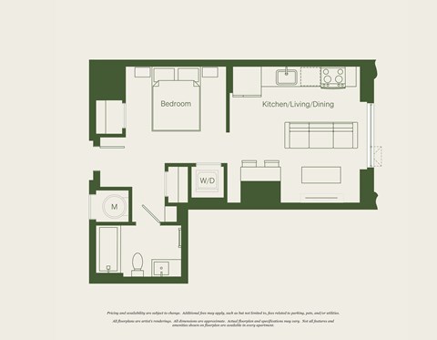 Floor plan for studio, 1 bath, 479 sqft